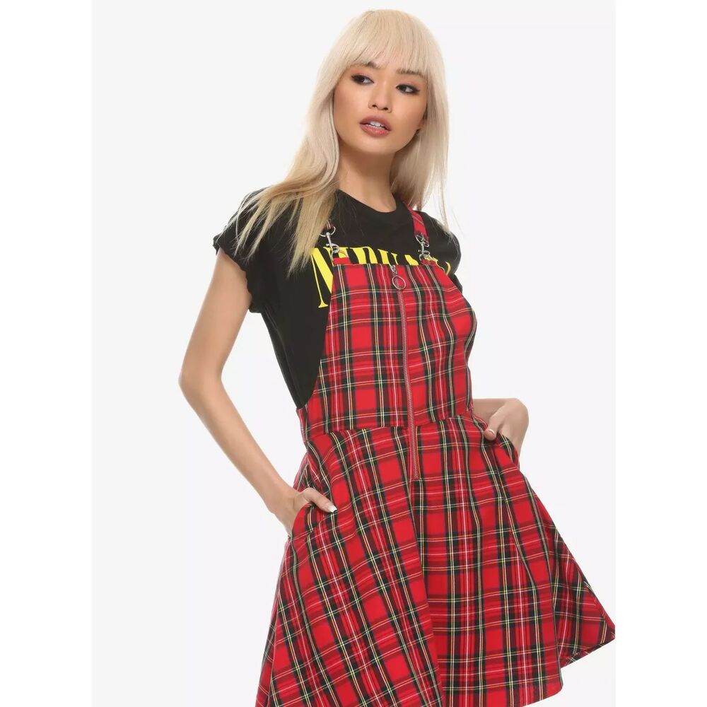 Hot Topic Red Plaid O-Ring Overall Dress Skirtall Mall Goth Punk NWT S